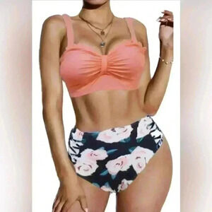 Avidlove Swim Women High Waisted Bikini Tummy Control Peach Floral size Small